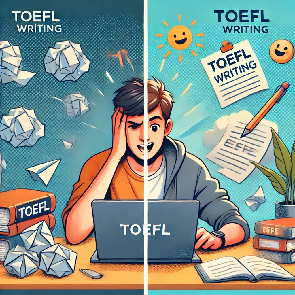 DALL·E 2025-02-22 13.27.41 - A split-screen illustration depicting a student in two different states while preparing for TOEFL Writing. On the left side, the student looks frustra.webp
