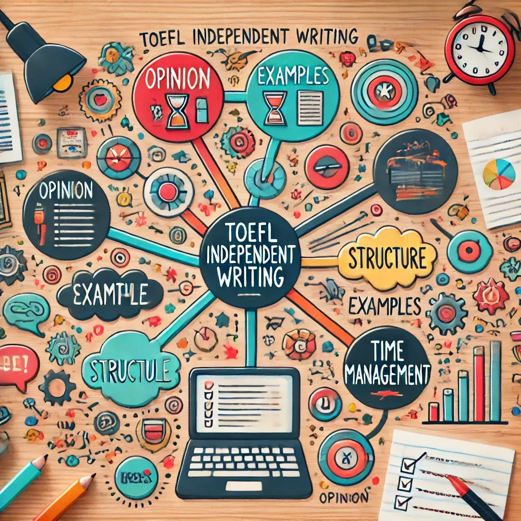 DALL·E 2025-02-22 13.29.42 - A creative and colorful mind map centered around 'TOEFL Independent Writing.' The central node connects to key ideas such as 'Opinion,' 'Examples,' 'S.webp