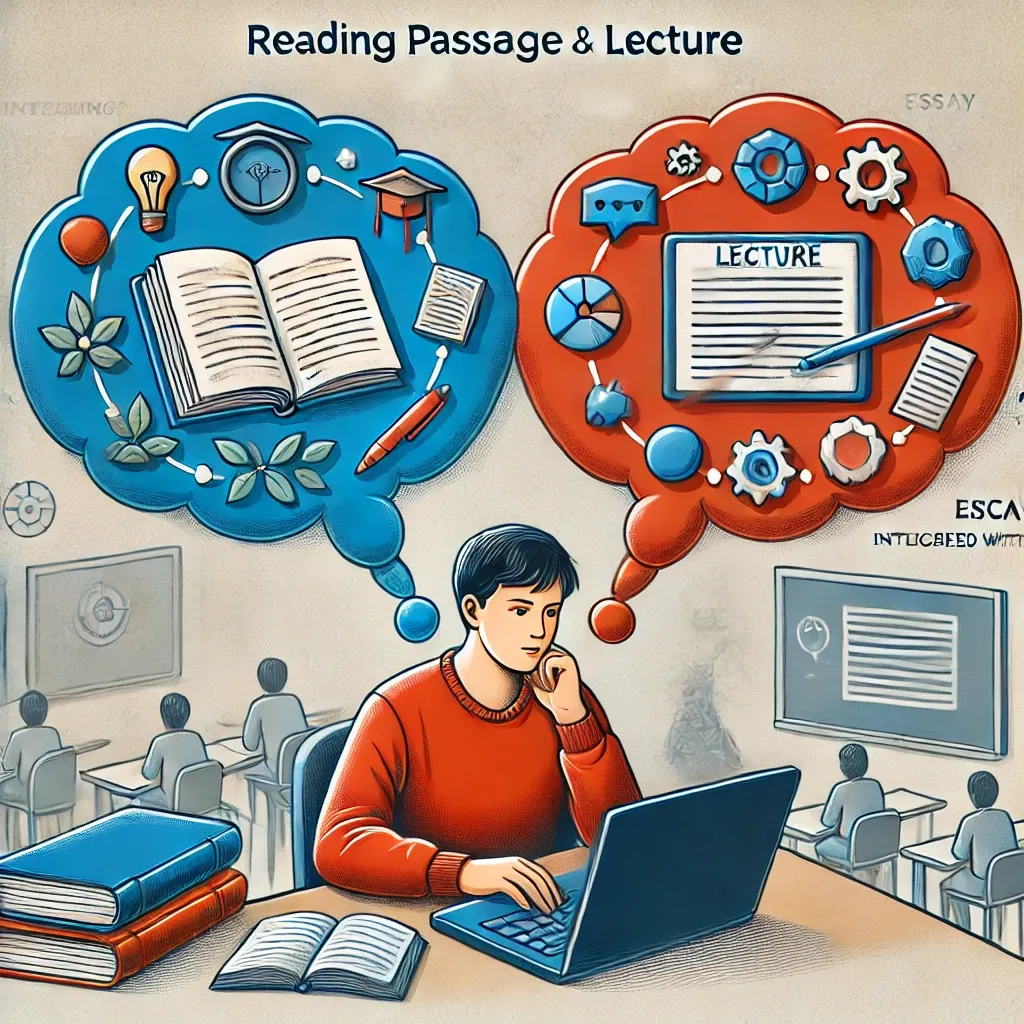 DALL·E 2025-02-22 13.30.45 - A concept illustration depicting a student connecting ideas from a reading passage and a lecture for TOEFL Integrated Writing. The reading passage is .webp