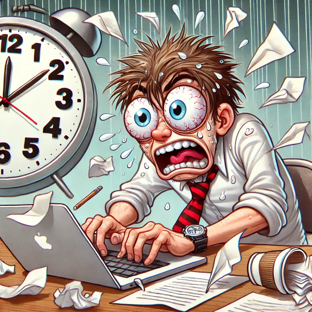 DALL·E 2025-02-22 13.31.34 - A humorous cartoon illustration of a student panicking at the last minute while typing furiously on a laptop. The student has wide, stressed eyes, mes.webp