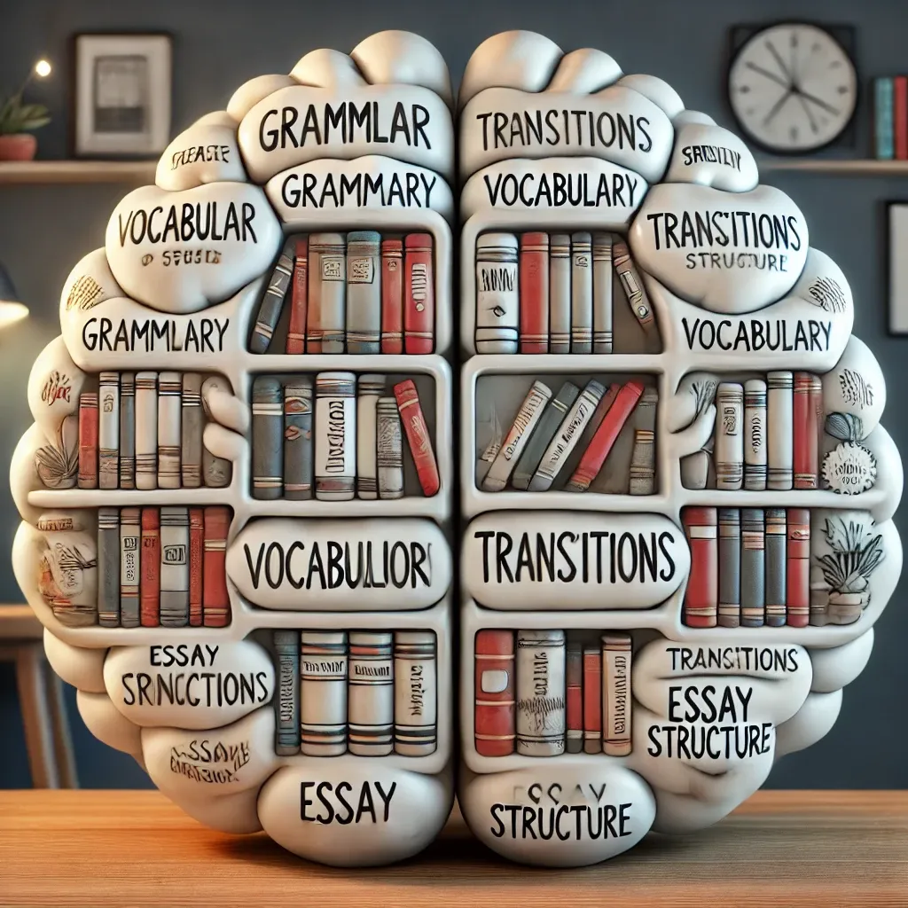 DALL·E 2025-02-22 13.32.29 - A creative illustration of a brain-shaped bookshelf filled with books. Each section of the bookshelf is labeled with key aspects of writing, such as '.webp
