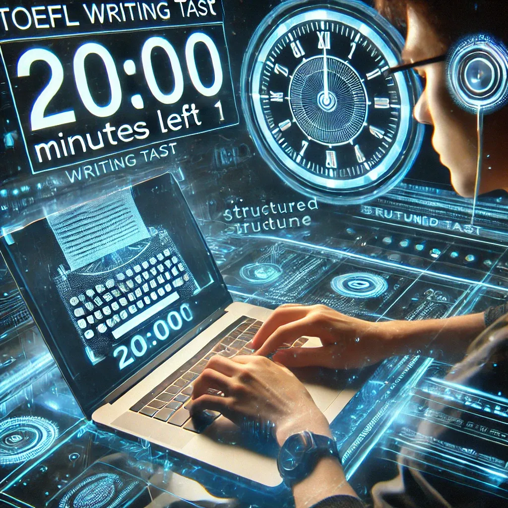 DALL·E 2025-02-22 13.38.27 - A futuristic digital countdown timer displaying '20_00' minutes left for TOEFL Writing Task 1. A student is typing furiously on a sleek laptop, with a.webp