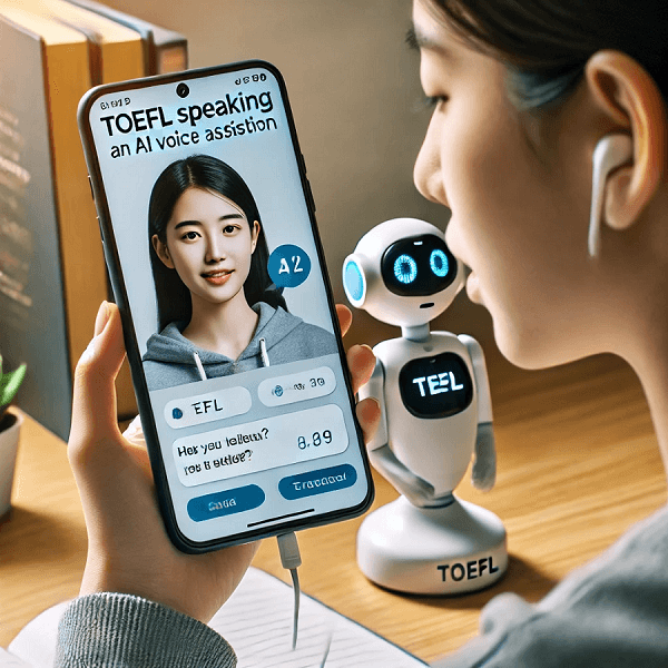 DALL·E 2025-03-01 12.41.01 - A student practicing TOEFL Speaking with an AI voice assistant on their phone. The phone screen displays an AI chatbot avatar, along with a practice q.png