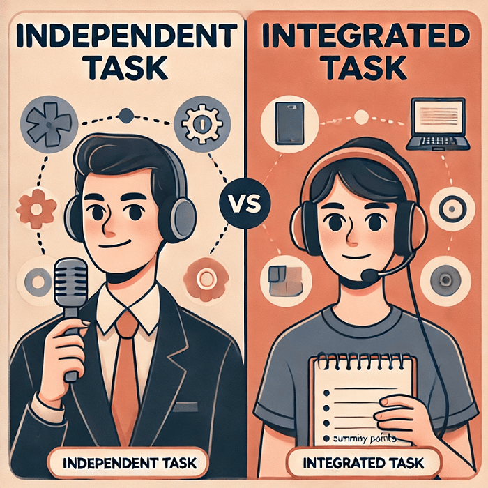 DALL·E 2025-03-01 12.42.27 - A side-by-side infographic illustrating the two types of TOEFL Speaking tasks.__Left side_ __Independent Task__ – A student confidently giving a perso.png