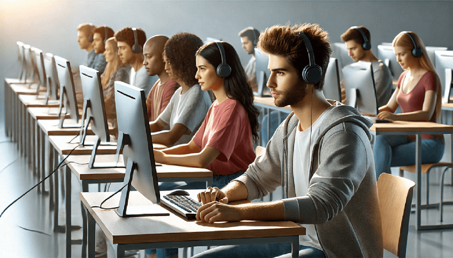 DALL·E 2025-03-05 13.20.13 - A realistic illustration of several students sitting at desks, taking a test on their computers. Each student is wearing headphones and focused on the.png